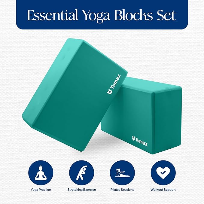 Tumaz Non-Slip Yoga Blocks 2-Pack - High Density/Lightweight EVA Foam & Natural Cork for Stability, Premium Set with E-Book Included