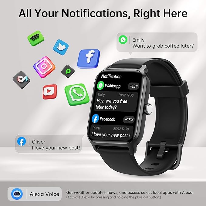 Tensky Smart Watch for Women/Men, 1.85'' HD Activity Smartwatch for iPhone/Android, 100+ Sport Modes Fitness Tracker (Answer/Make Call), Alexa Built-in, Sleep/Heart Rate/SpO2 Monitor/2ATM Waterproof