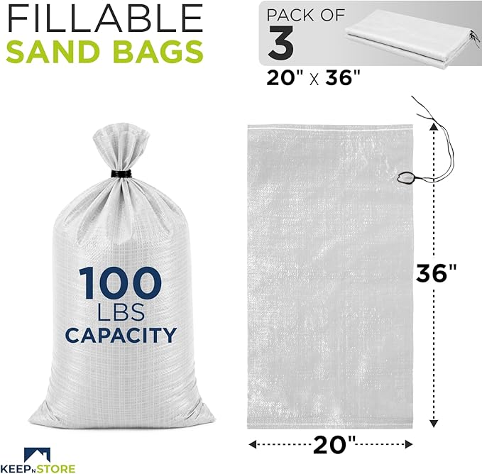 Heavy Duty Sand Bags Pack of 3, White Empty Sandbags with Built-In Ties, Woven Polypropylene UV Protection 1600 Hours, Fillable Bags for Flood Control, Weight, 20x36 inches, 100 Pounds Volume