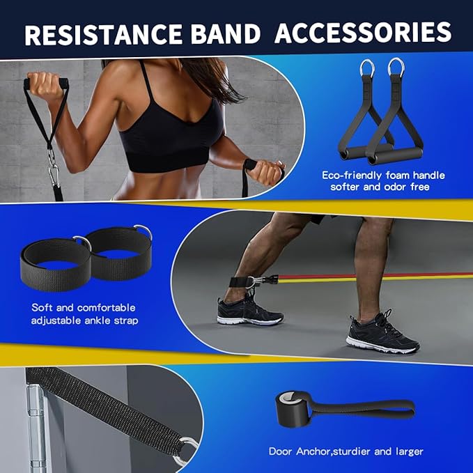 WHATAFIT Resistance Bands Set with Handles - Exercise Bands Home Gym Strength Training Equipment, Includes Door Anchor & Ankle Straps for Full Body Workout Bands, Physical Therapy