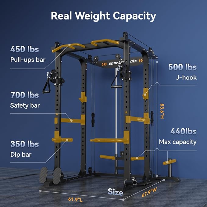 Sportsroyals Power Cage 1600lbs Power Rack with Adjustable Cable Crossover, Multi-Function Squat Rack with Pulley System and Training Attachments for Home Gym