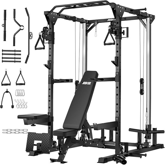 JEEKEE Power Cage with Cable Crossover System, 2000LB Multi-Function Power Rack with Independent Dual Pulleys, LAT Pulldown Seat Cushion, 20+ Attachments Squat Rack for Home Gym Workout,Black