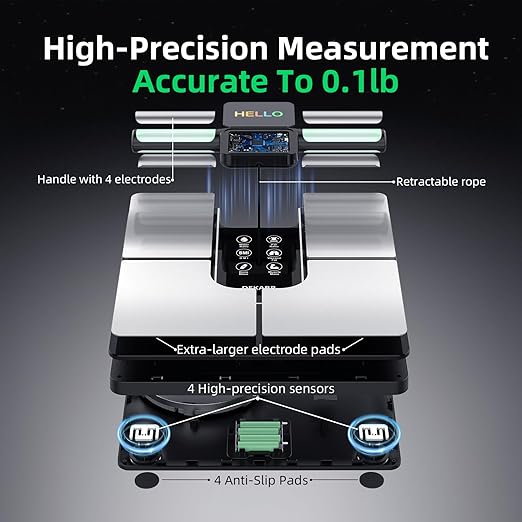 DEKABR Smart Scale for Body Weight, 8 Electrode Digital Bathroom Scale for Body Fat BMI Muscle Mass, 57 Body Composition with Voice Prompt, TFT LCD on Retractable Handle for Home & Gym