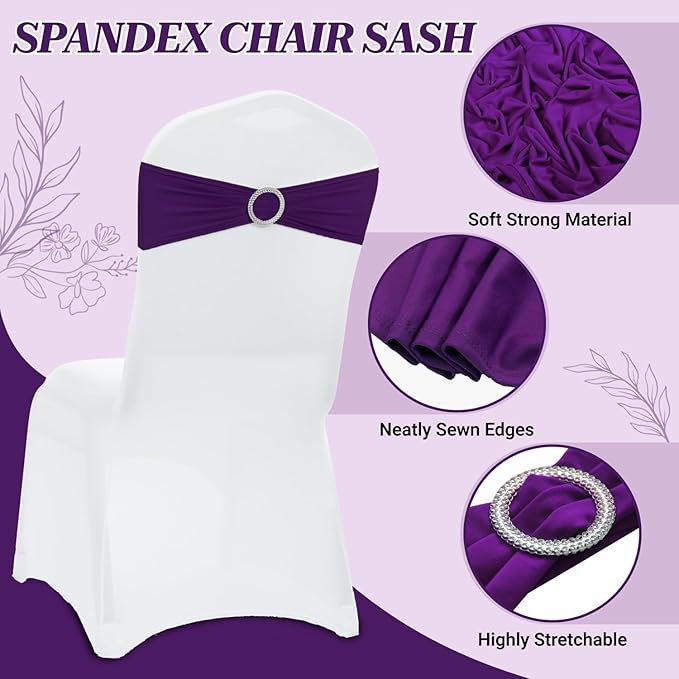 MDS Pack of 200 Spandex Chair Sashes Bows Universal fits Elastic Stretch Chair Bands Ties with Buckle Slider Bow for Wedding Decoration Spandex Slider Sashes Bow - Purple