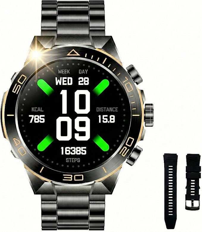 SOUYIE Men's Smart Watch with Bluetooth Call, 1.43" AMOLED Round Dial, Luxury Stainless Steel & Silicone Bands, Business Sport Fitness Tracker, Heart Rate/Blood Pressure/Sleep Monitor for iOS Android