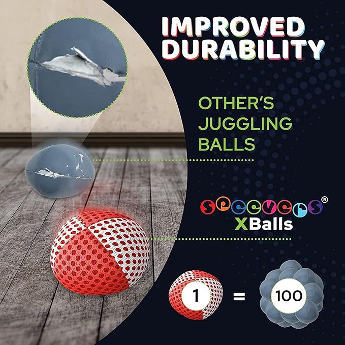 speevers Juggling Balls for Beginners and Professionals Set of 3, 14 Colors Available, 2 Layers of Net and Carry Case, Xballs Juggling Balls (Red - White, 2.5 oz)