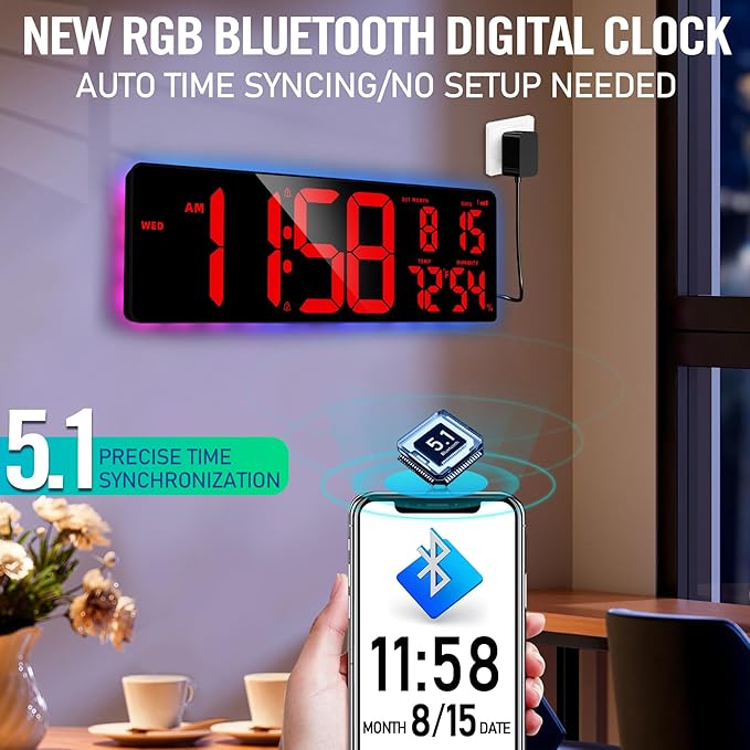 TXL 16.5" Bluetooth Red Large LED Digital Wall Clock, Count Up/Down Timer Clock with Ambient Lighting, Adjustable Brightness Wall Clock for Home, Office, Gym, Elderly, Auto DST