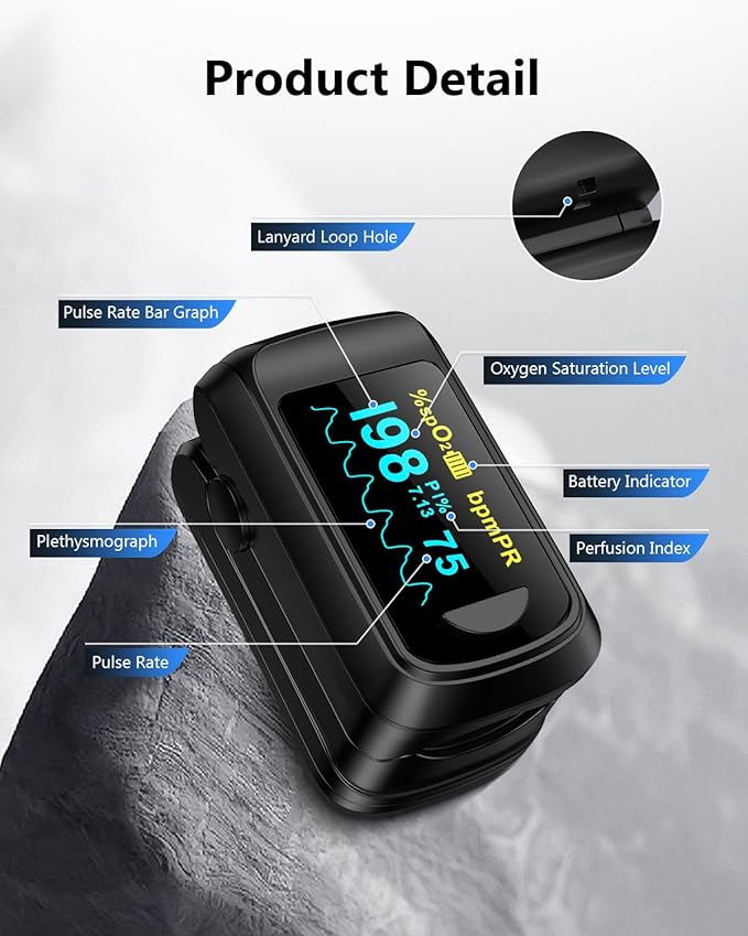 Healthtree JKS50B Fingertip Pulse Oximeter Blood Oxygen Saturation Monitor Pulse Ox, Heart Rate monitor and Fast Spo2 Reading Oxygen Meter with OLED Screen Included Lanyard and 2 X AAA Batteries