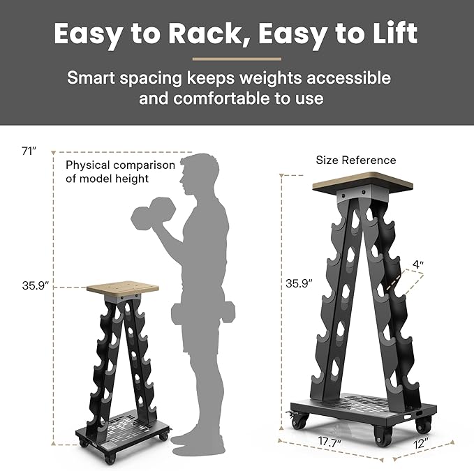 Vertical Dumbbell Rack Stand with Wheels, 5-Tier A-Frame Mobile Weight Storage for Dumbbells, 300LBS Capacity Professional Solid Steel with Training Assist Platform & Bottom Tray, Perfect for Home Gym Fitness Organization (Rack Only)