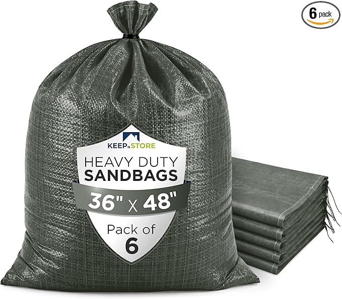 Heavy Duty Sand Bags Pack of 6, Army Green Empty Sandbags with Built-In Ties, Woven Polypropylene UV Protection 1600 Hours, Fillable Bags for Flood Control, Weight, 36x48 inches, 175 Pounds Volume