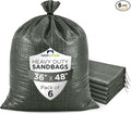 Heavy Duty Sand Bags Pack of 6, Army Green Empty Sandbags with Built-In Ties, Woven Polypropylene UV Protection 1600 Hours, Fillable Bags for Flood Control, Weight, 36x48 inches, 175 Pounds Volume