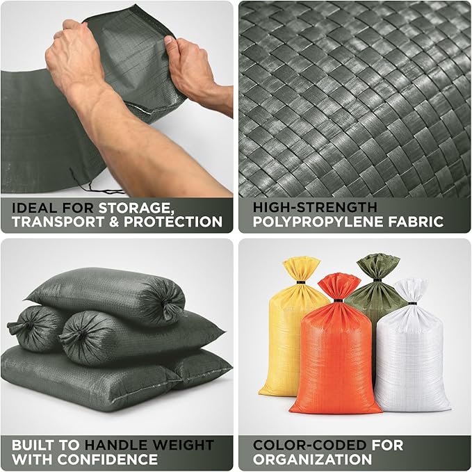 Heavy Duty Sand Bags Pack of 24, Army Green Empty Sandbags with Built-In Ties, Woven Polypropylene UV Protection 1600 Hours, Fillable Bags for Flood Control, Weight, 24x40 inches, 125 Pounds Volume