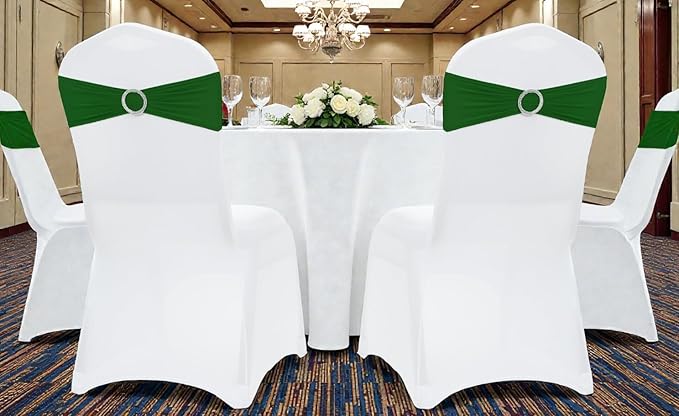 MDS Pack of 10 Spandex Chair Sashes Bow Premium Stretch Chair Cover Band with Buckle Slider Universal fits Elastic Dining Chair Ties for Wedding Party Banquet Events Decoration - Green