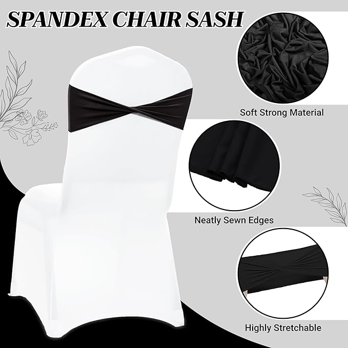 MDS Pack of 10 Spandex Chair Sashes Bows Elastic Stretch Dining Chair Bands Ties Without Slider Buckle Universal fits for Wedding Baby Shower Birthday Party Banquet Event Decoration - Black