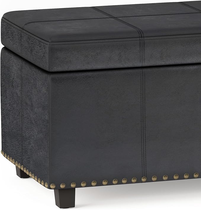 SIMPLIHOME Kingsley 48 inch Wide Transitional Rectangle Large Storage Ottoman in Distressed Black Vegan Faux Leather, Assembled for the Living Room, Entryway and Family Room