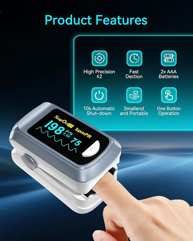 HealthTree JKS50B Fingertip Pulse Oximeter Blood Oxygen Saturation Monitor Pulse Ox, Heart Rate and Fast Spo2 Reading Oxygen Meter with OLED Screen Included Lanyard and 2 X AAA Batteries