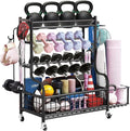 Dumbbell Rack, Weight Rack for Kettlebells, Storage Holder for Yoga and Workout Equipment, Home Gym Storage Rack with Wheels,Hooks and Mesh Top