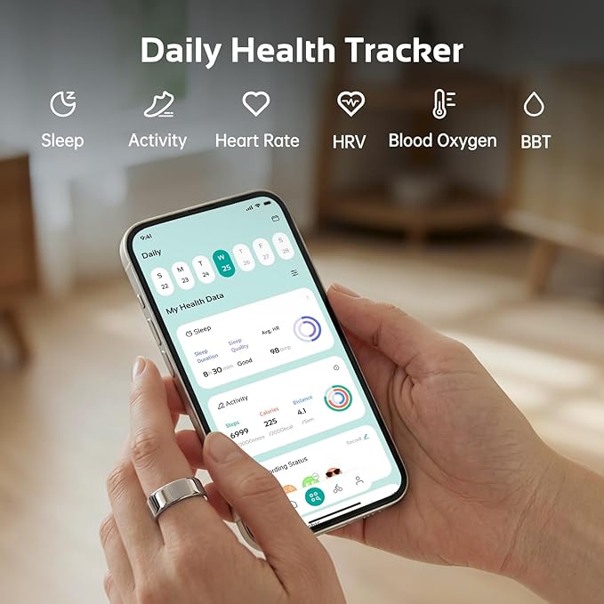 opove O Ring Smart Ring, Fitness Trackers Rings with Sleep/Stress/Heart Rate/Women's Health Monitoring, Comfortable Wearing, Up to 7 Days Using, Fitness Ring for Android & iOS, Silver-Size13