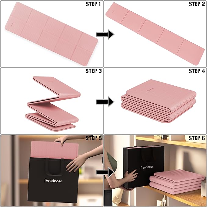 Readaeer Foldable Yoga Mat for Travel Folding Yoga Mat 6mm Thick with Carrying Bag, Non-Slip TPE Exercise Pilates Mat for 72" L x 24" W x 0.24 Inch