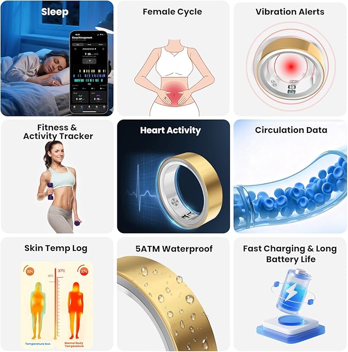 RQZ Smart Ring for Women Men, Fitness Tracker with Heart Rate Tracking, Sleep Tracking, Step Counter, Vibration Alert, 5ATM Waterproof, iOS Android Compatible, Gold Size 11