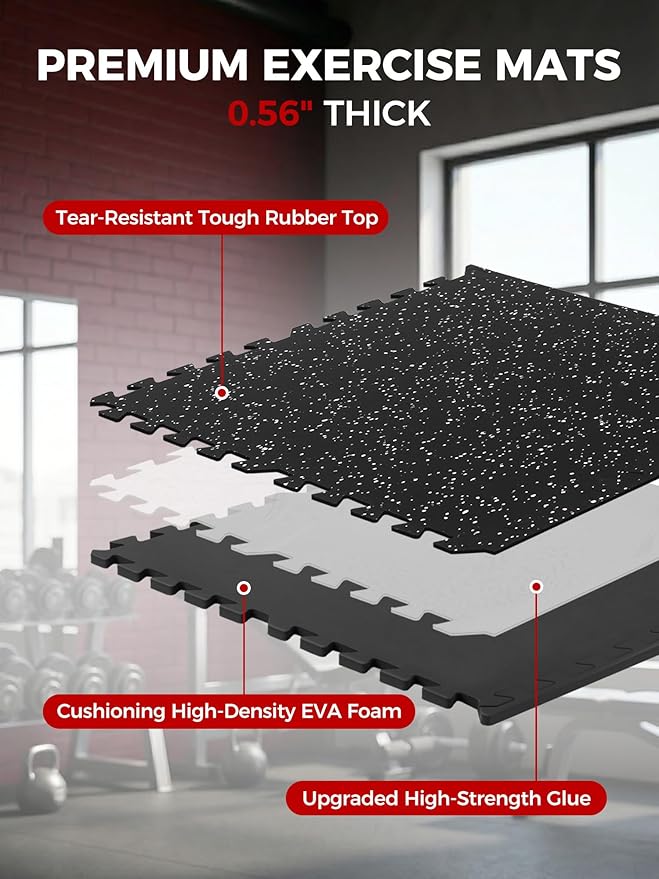 0.56in Thick 48 Sq Ft Exercise Equipment Mats, 12 Tiles Rubber Top EVA Foam Workout Mats, Interlocking Gym Flooring for Home Gym, 24 x 24in, Black & White