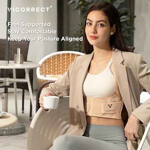 Vicorrect Adjustable Posture Corrector for Women: Comfortable Fit for Body Types - Invisible Under Clothes Wearable for Sitting and Exercise - Helps with Upper Back Shoulder Neck Pain (Beige, Small)
