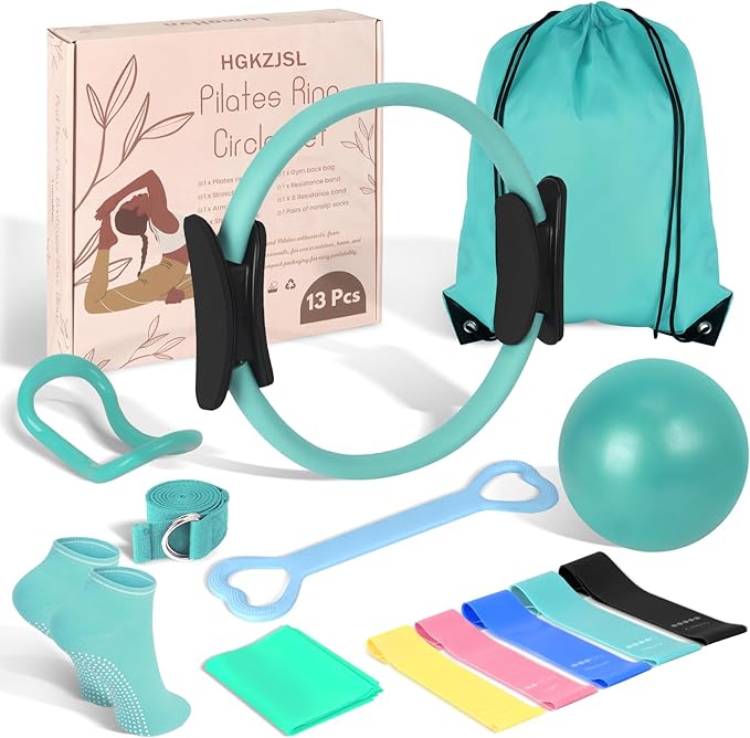 Pilates Kit for Women 13PCS, Pilates Ring and Ball Set with Magic Circle, Resistance Bands Set, Figure 8 Band, Yoga Ring & Grip Socks, Home Workout Equipment Essentials Starter Kit for Beginners