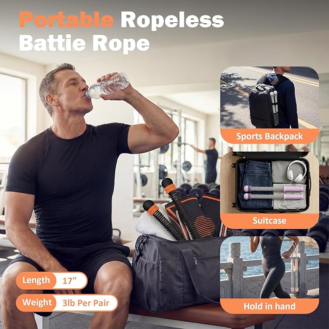 Adjustable Ropeless Battle Ropes,Portable Cordless Battle Ropes for Home Gym,Workout Exercise Ropes for HIIT,Strength Training & Full-Body Cardio for Men & Women (Gray, 1.45 lb)