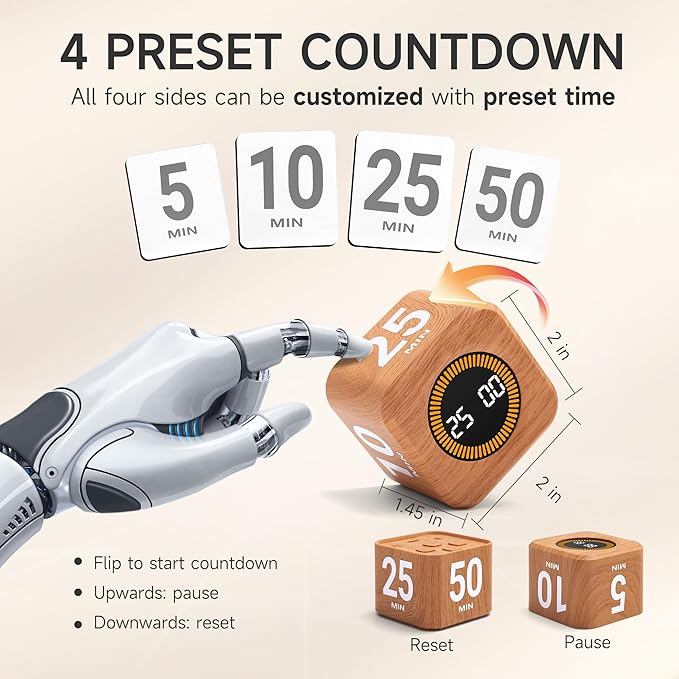 Rotating Productivity Timer 5, 25, 10, 50 Minutes Preset, Desk Cube w/Gravity Sensor for ADHD, Mute Functions, Ideal for Work, Study, Kitchen, Back to School (1, Wood Grain Finish)