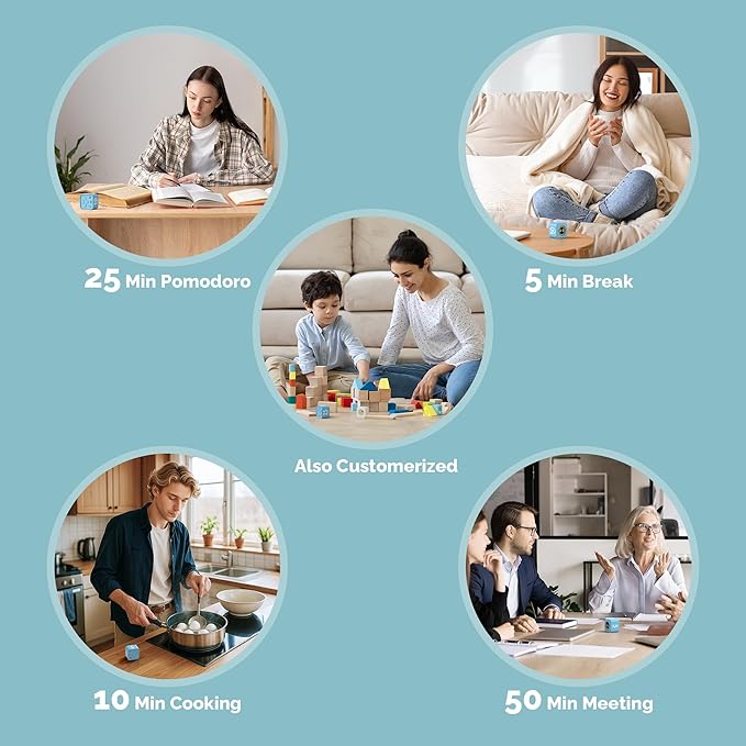 KADAMS Pomodoro Timer – Visual Cube with 5/10/30/60 Min Presets, LED Countdown Ring & Count Up Mode, Silent Flip Productivity Timer for Study, Classroom, Office, Cooking (Blue 5-10-25-50 min)