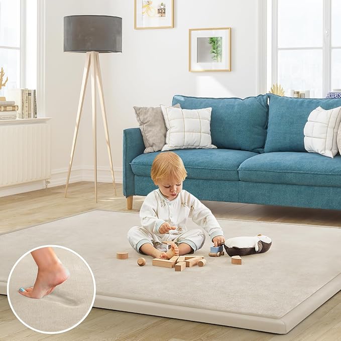 Baby Play Mat for Floor Nursery Rug Muscle Mat Area Rug Playroom Rug 79"x110" Playpen Mat Memory Foam 1.3" Thick Crawling Mat for Babies,Toddlers, Infants, Kids,A Beige