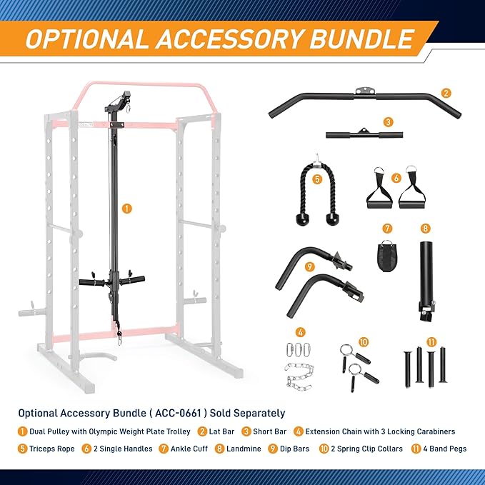 Marcy Power Cage with Pull-Up Bar,Adjustable Bar Catches,Olympic Standard Weight Plate,Accessories Build Your Own Home Gym with Optional Dual Pulley Trolley System for Body Exercise,Strength Training