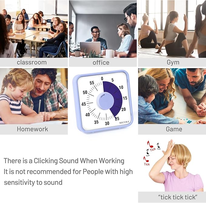 Secura 7.5 Inch Visual Timer, 60 Minute Oversize Visual Countdown Timer for Kids and Adults, Durable Mechanical Time Management Tool (Violet)