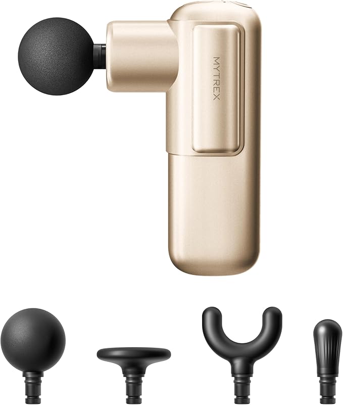 MYTREX Mini Massage Gun, Portable Deep Tissue Percussion Massager with 4 Heads, Ultra-Quiet Lightweight 205g for Neck & Back, Home, Office & Travel (Gold)