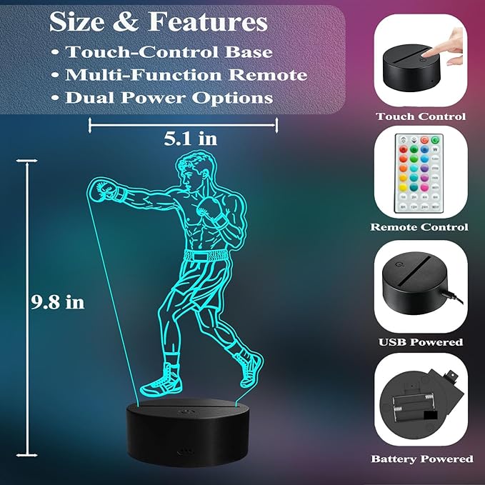 Boxing Gifts for Boy, Boxing Night Light, 3D Illusion Lamp with Remote Control, 16 Colors Changing, RGB Flashing Mode and Dimmable, Gifts for Boys Christmas Decor