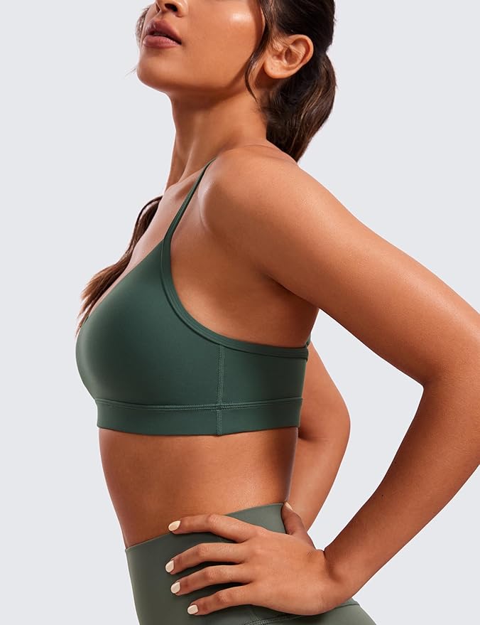 CRZ YOGA Butterluxe V-Neck Sports Bras for Women - Adjustable Thin Straps Padded Yoga Top Basic Wireless Camisole