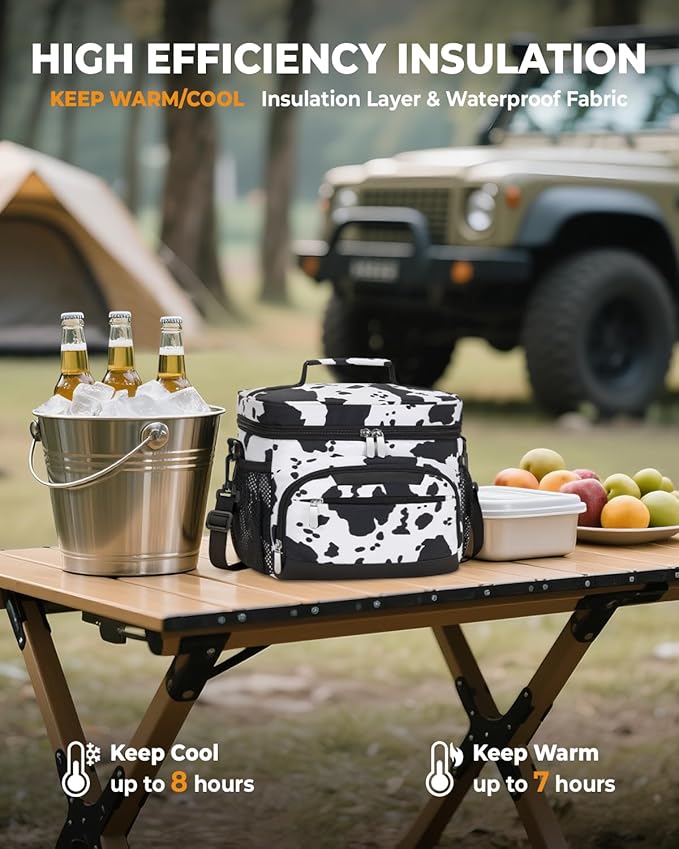 Lunch Boxs for Women/men Insulated Lunch bag,Leakproof Lunchbox with Adjustable Shoulder Strap for Adults,Soft Cooler Tote Bag for Office Fitness Picnic Beach Travel - Cow Print 12-Can(8L)