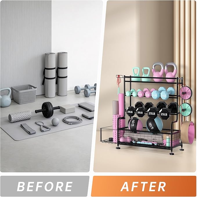 Garvee Dumbbell Rack, Weight Rack for Home Gym, Weight Rack for Dumbbells with Hooks, Home Gym Storage Rack for Yoga Mat Kettlebells and Strength Training Equipment, Powder Coated Finish Steel