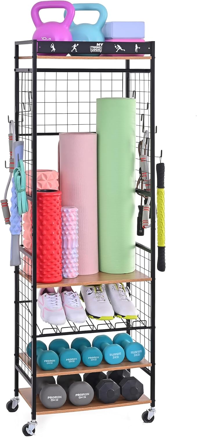 Mythinglogic Weight Rack for Dumbbells, Home Gym Storage for Yoga Mat Dumbbells Kettlebells and Strength Training Equipment, Dumbbell Rack with Wheels and Hanging Hooks