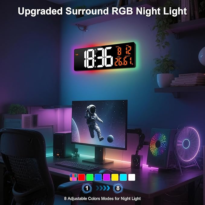 Large Digital Wall Mount Clock 17.3" Led Large Display with Jumbo Number, 8 Color Modes Atmosphere Lights, Auto-Dimming/DST, Count Down/Up Timer for Classroom Living Room Gym Gift for Senior Mom Dad