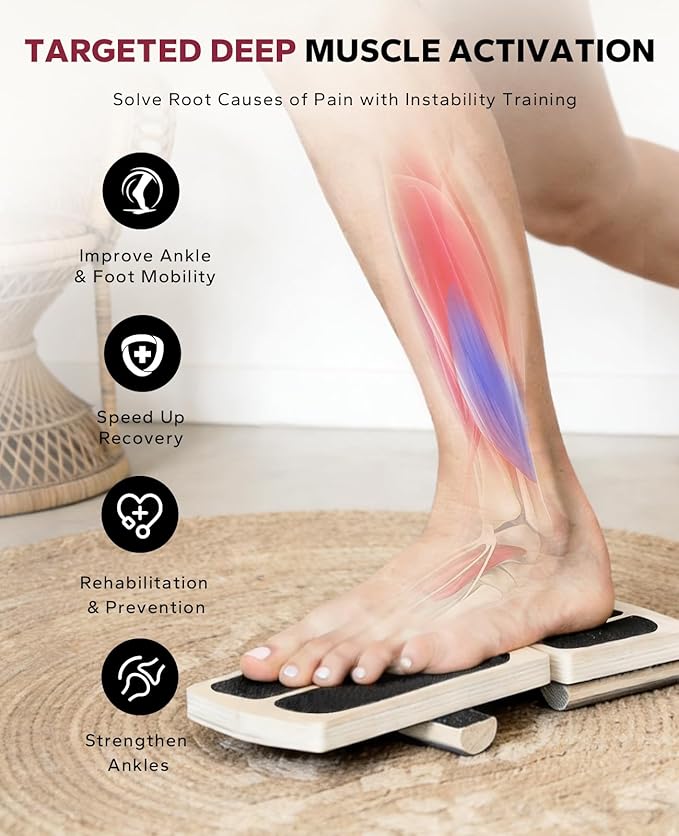 HAPBEAR Single Leg Balance Board - Ankle Strengthener & Foot Balance Board for Conditioning & Stability - 80 Configurations w/ Training Guide & Cork Ball - Ankle Board for Home Gym & Office, Natural Wood
