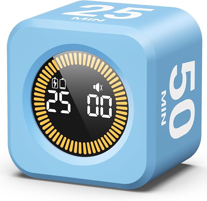 KADAMS Pomodoro Timer – Visual Cube with 5/10/30/60 Min Presets, LED Countdown Ring & Count Up Mode, Silent Flip Productivity Timer for Study, Classroom, Office, Cooking (Blue 5-10-25-50 min)
