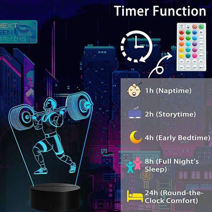 Weightlifting Night Light, Weightlifting Gifts for Boy, Gym 3D Night Light with Remote Control, 16 Colors Changing, RGB Flashing Mode and Dimmable, Gifts for Boys Christmas Decor