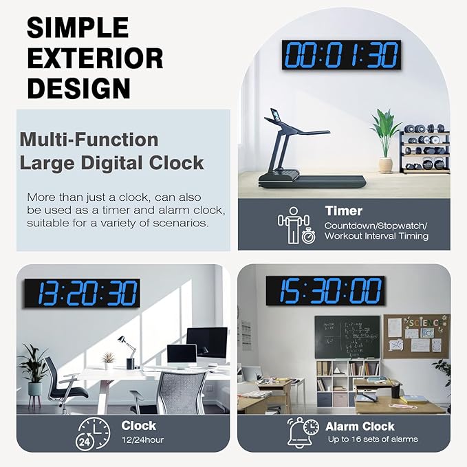 CHKOSDA Digital Wall Clock with Large Display, 28.4‘’LED 6-Digit Large Digital Clock with Adjustable Brightness, Multifunction Gym Clock with Countdown,Stopwatch and Workout Interval Timing (Blue)