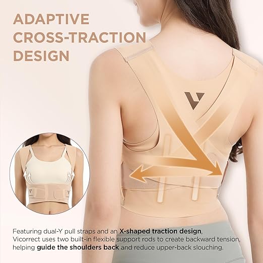 Vicorrect Adjustable Posture Corrector for Women: Comfortable Fit for Body Types - Invisible Under Clothes Wearable for Sitting and Exercise - Helps with Upper Back Shoulder Neck Pain (Beige, Small)