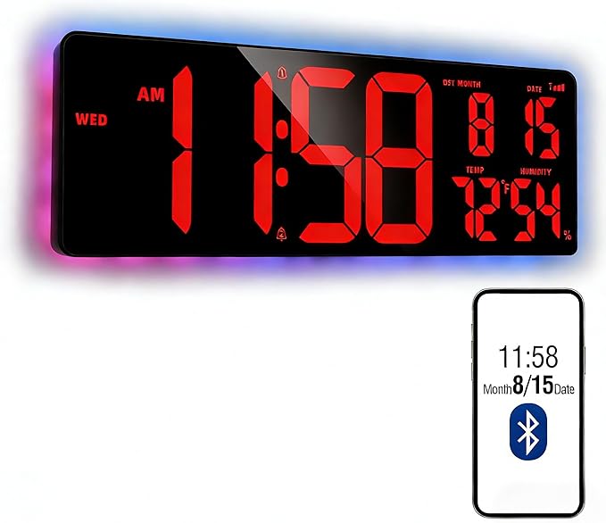 TXL 16.5" Bluetooth Red Large LED Digital Wall Clock, Count Up/Down Timer Clock with Ambient Lighting, Adjustable Brightness Wall Clock for Home, Office, Gym, Elderly, Auto DST