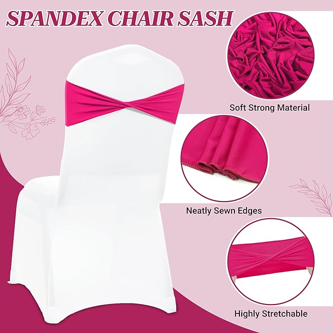 MDS Pack of 200 Spandex Chair Sashes Bows Elastic Stretch Dining Chair Bands Ties Without Slider Buckle Universal fits for Wedding Baby Shower Birthday Party Banquet Event Decoration - Magenta