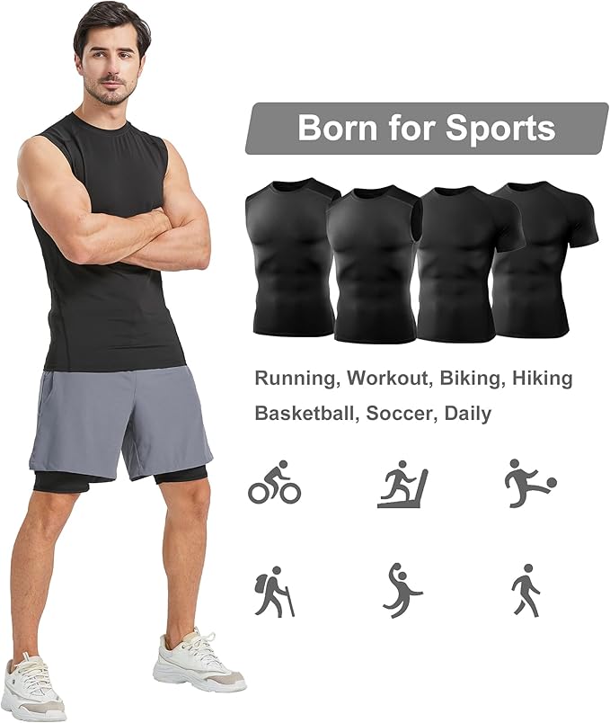 Dalavch 4 Pack Compression Shirts and Tank Tops Men Short Sleeve/Sleeveless Athletic Undershirt for Sport