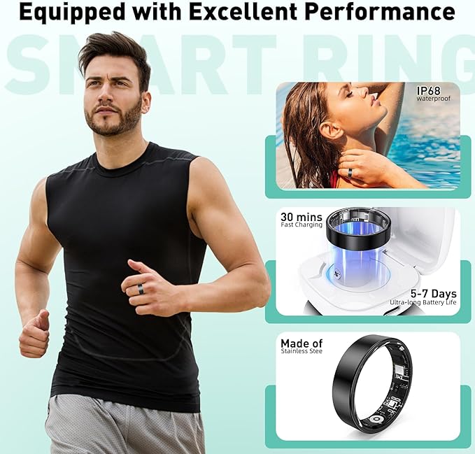 Smart Ring with Sleep Monitoring, Step Counting, Heart Rate, Blood Oxygen for iOS and Android, No Subscription Fee, IP68 Waterproof Health Tracker (Black, 9)