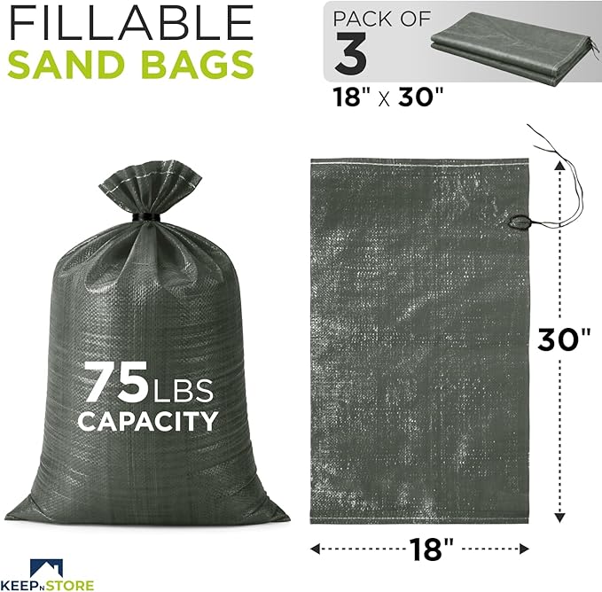 Heavy Duty Sand Bags Pack of 3, Army Green Empty Sandbags with Built-In Ties, Woven Polypropylene UV Protection 1600 Hours, Fillable Bags for Flood Control, Weight, 18x30 inches, 75 Pounds Volume